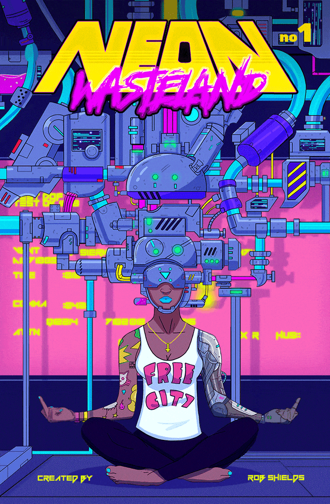 Neon Wasteland #1 -Interactive Animated Comic Book & AR App The psychedelic, post-apocalyptic augmented reality comic of the future is here! Part comic, part cartoon — all cyberpunk.