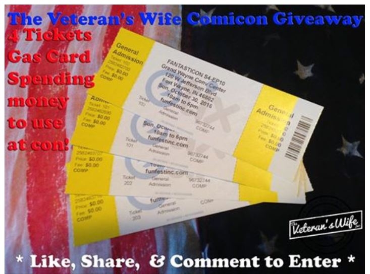 WSN NEWS: The Veteran’s Wife is giving away 4 tickets to Fantasticon in Fort Wayne, IN on Sunday October 30 to one Lucky Veteran/Military Family*.  .THROW BACK to 2016