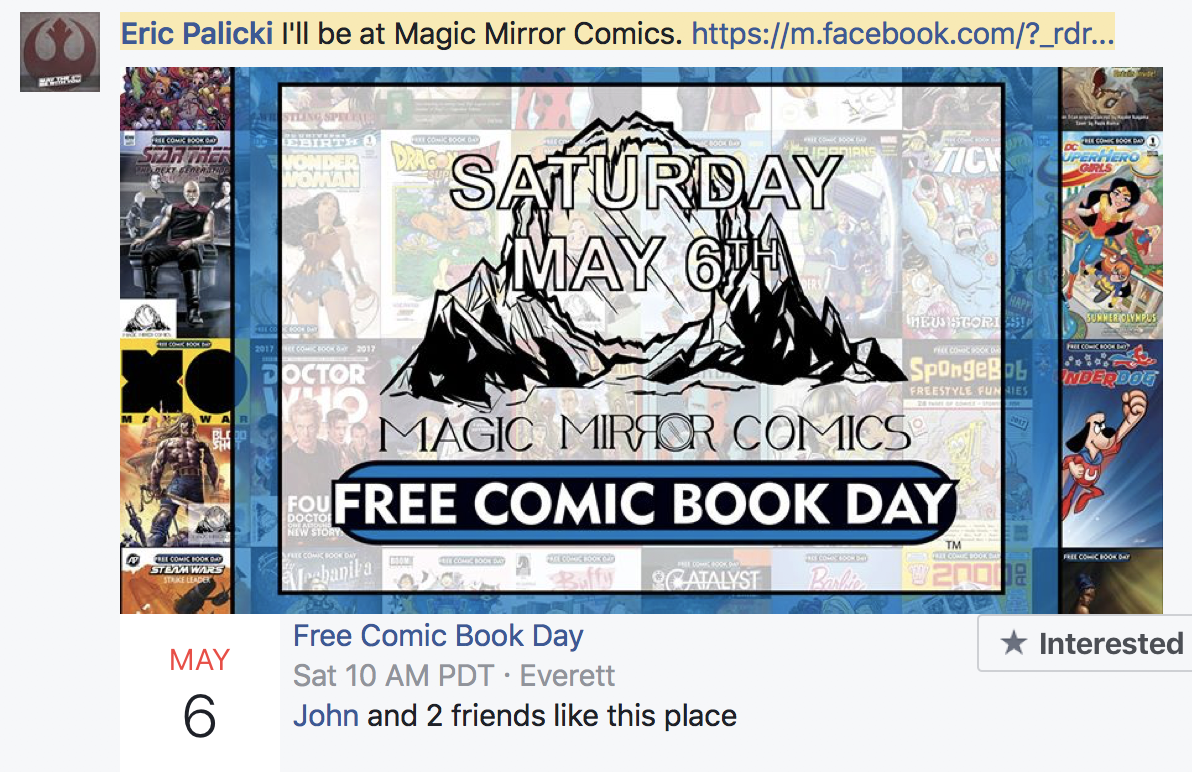 That insanely talented Eric Palicki will be at Magic Mirror Comics in Everett, Washington For Free Comic Book day