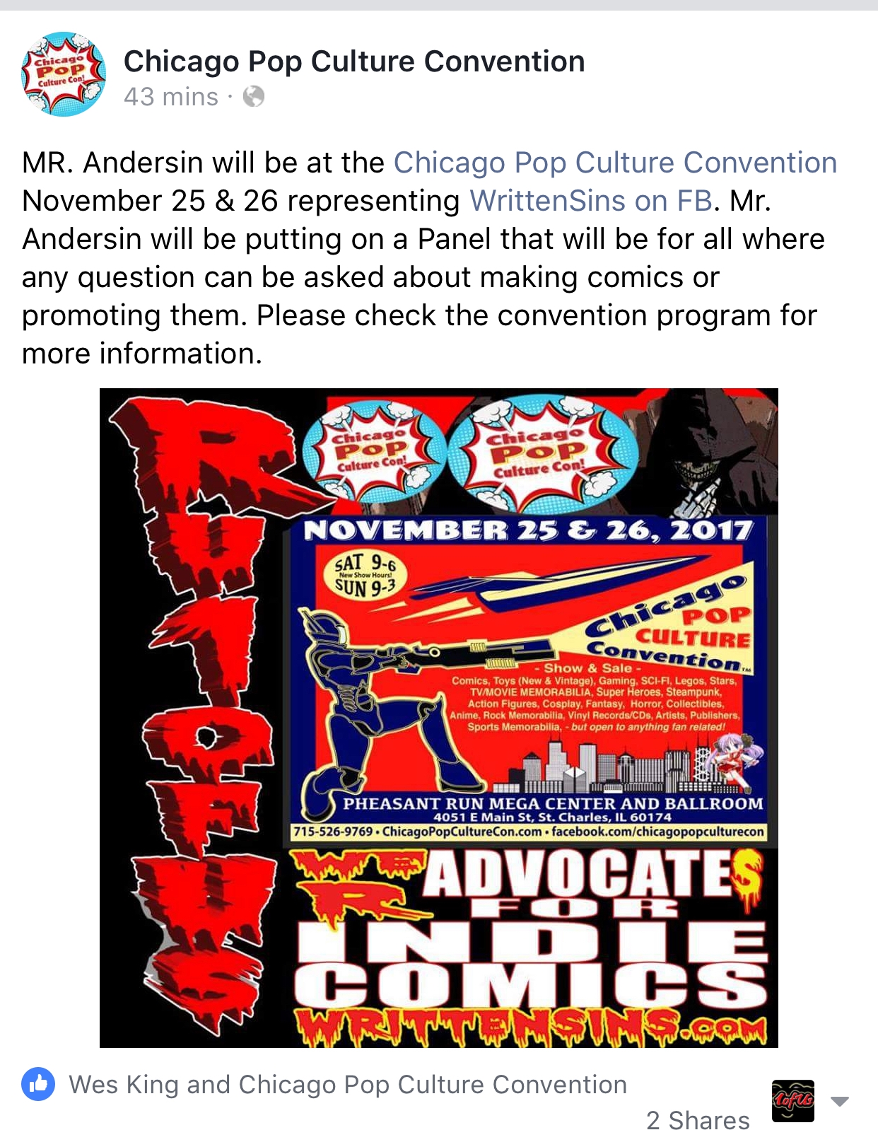 Mr Andersin will Host a Panel about Comic book making and more at Chicago Pop Culture Con