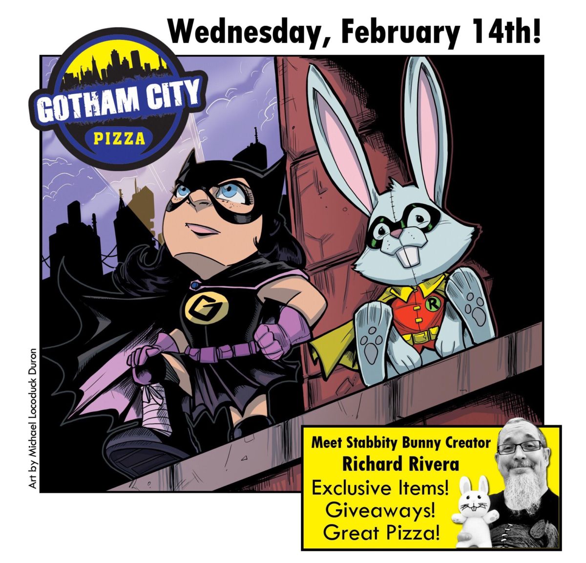 Valentine’s Day at Gotham City PIZZA:: Celebrate your Love of Pizza and Comics with the STABBITY BUNNY Creator RICHARD RIVIERA