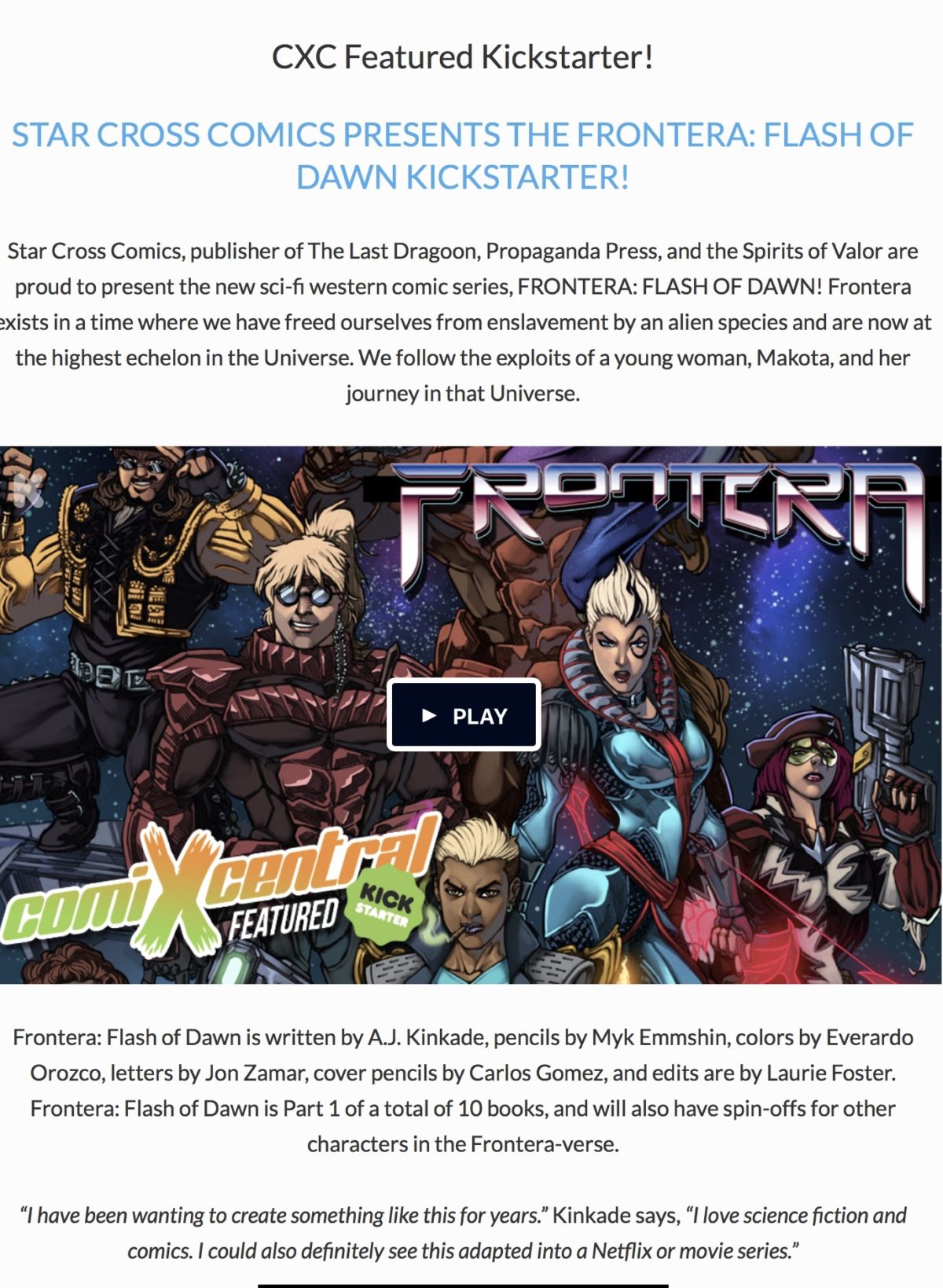 CXC Featured Kickstarter!  STAR CROSS COMICS PRESENTS THE FRONTERA: FLASH OF DAWN KICKSTARTER!