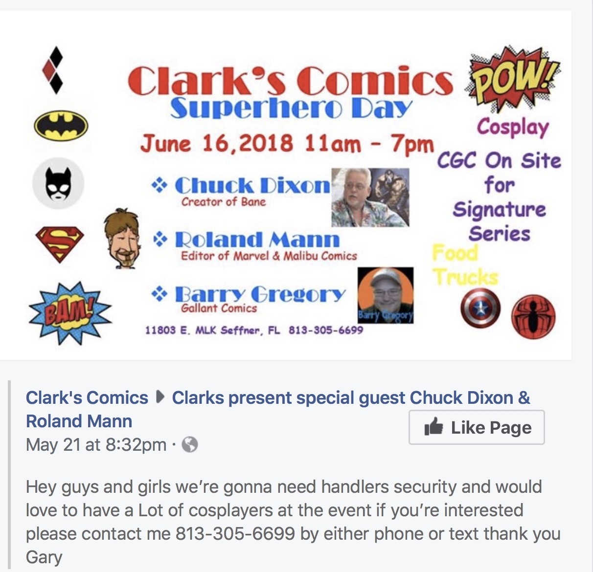 COMIC CON HIGHWAY FLORIDA EXIT::  -FL- Roland Mann and Chuck Dixon  will be appearing at Clarks Comics on June 16th