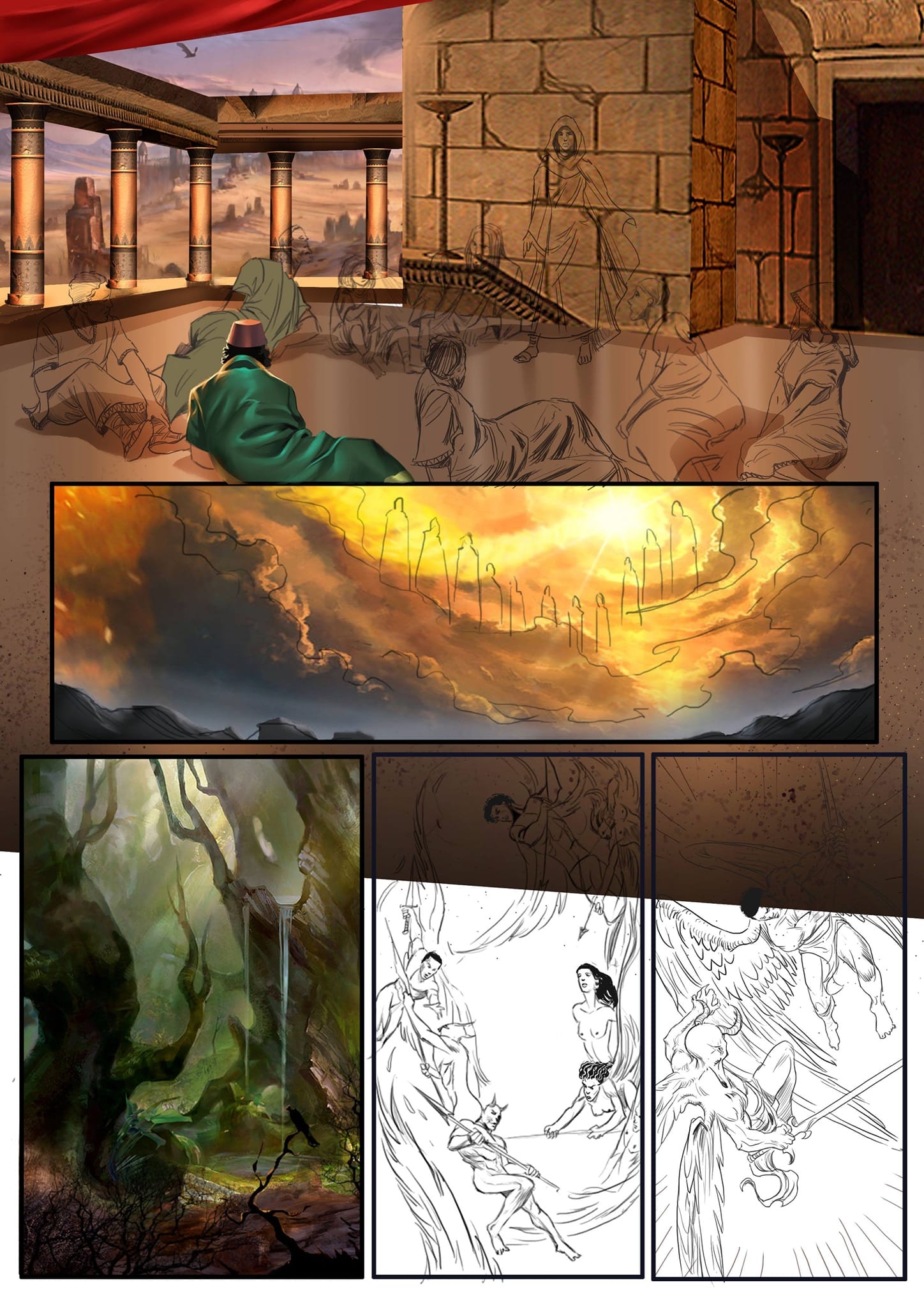 First page of Realm of spirits: Blossom of the North Star in progress.
