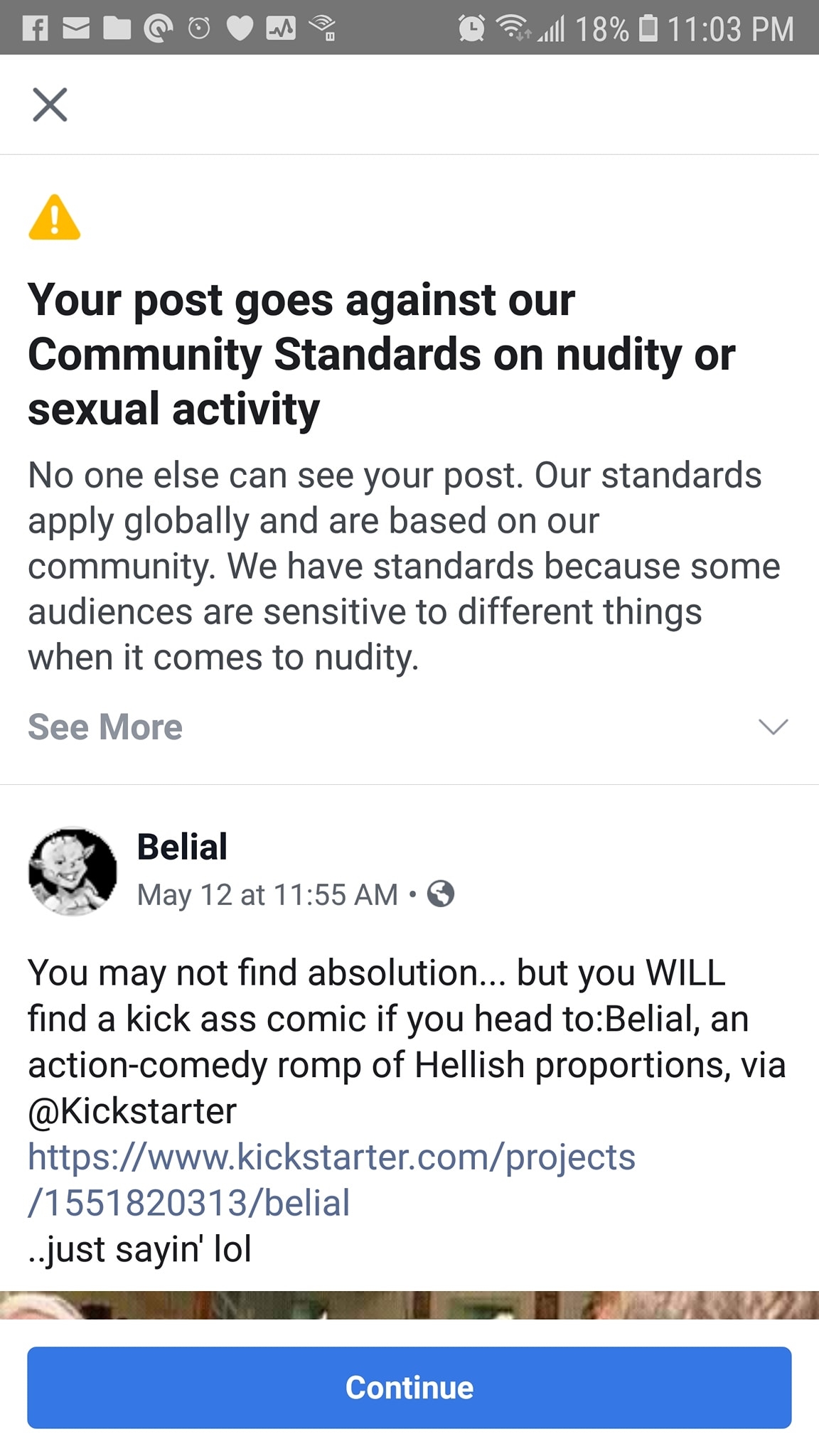 Facebook Censors Belial for no REASON