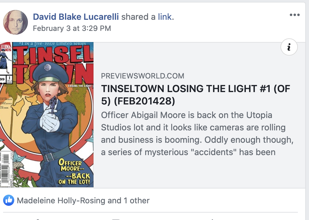 Here’s a FREE 10 page preview of TInseltown: Losing the Light #1 which you can pre-order using code: FEB201428